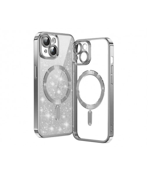 Husa iPhone 15, Crystal Glitter MagSafe cu Protectie La Camere, Silver